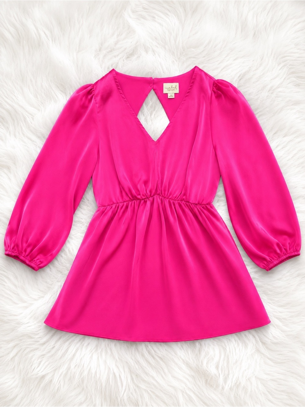 Isabel by Ingrid & Isabel Hot Pink Satin Blouse XS Puff Sleeve Babydoll V Neck - Picture 1 of 3